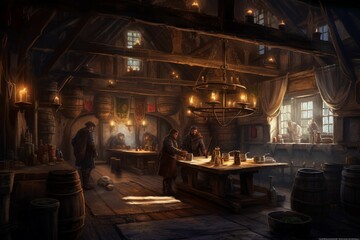 Fototapeta na wymiar art illustration of medieval tavern. AI generative