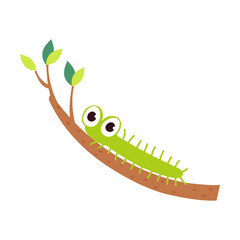 Green Caterpillar or Worm as Crawling Insect on Tree Branch Vector Illustration