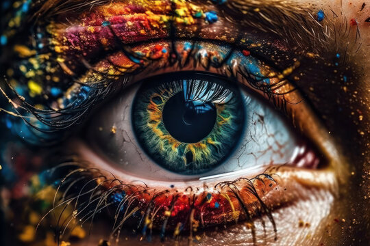 Abstract splash of colors in creative eye makeup. Beautiful woman's eye captured in close-up with dramatic details. Perfect for artistic expression and beauty photography. AI Generative.