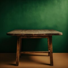 A rustic wooden table against a deep green wall, with a plain light beige background.