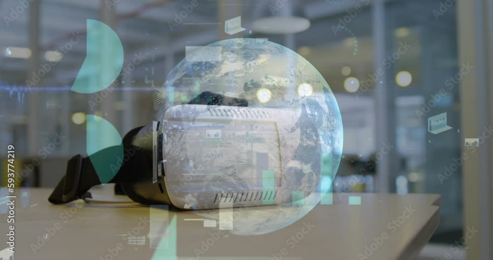 Poster animation of data processing over globe against vr headset on a table at office