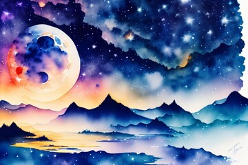 The universe is full of stars and the moon. Watercolor, highly detailed - generative ai