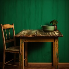 A rustic wooden table against a deep green wall, with a plain light beige background.