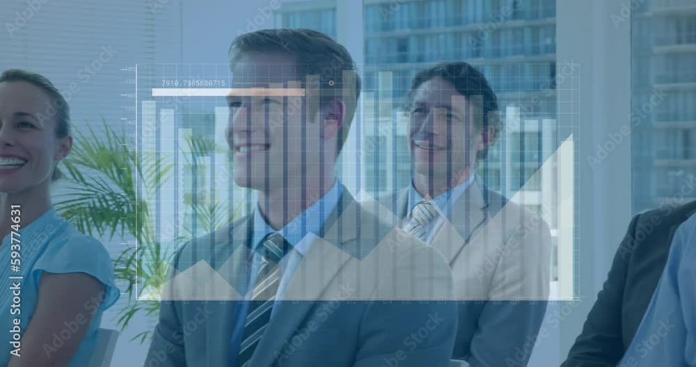Poster animation of statistical data processing over diverse businesspeople smiling at business conference