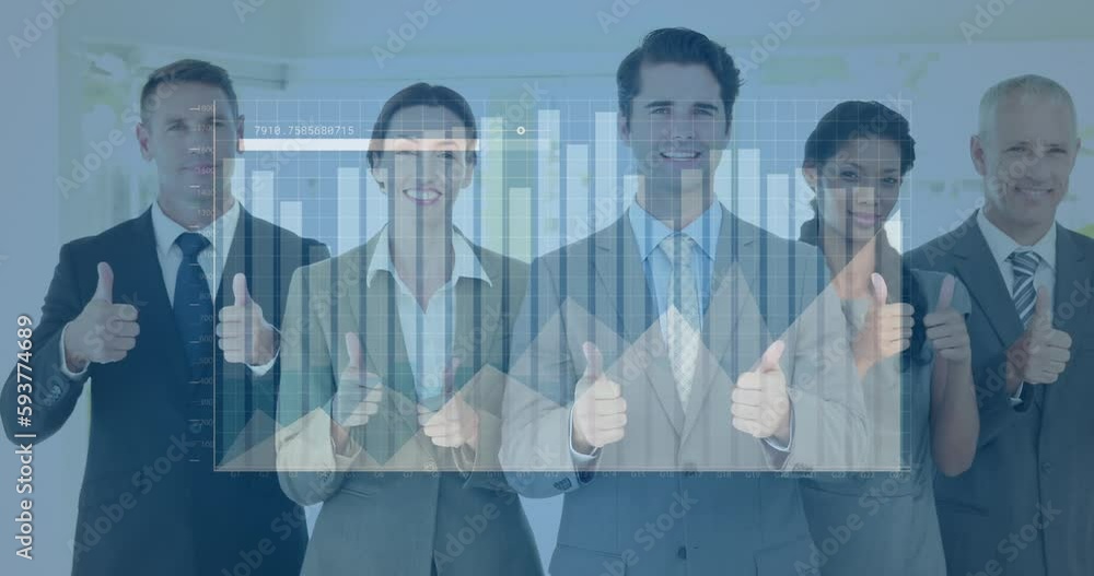 Wall mural Animation of statistical data processing over diverse businesspeople showing thumbs up at office