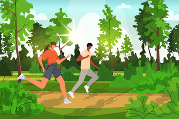 Man and woman is engaged in running around in the park. Morning jogging. Young couple spends time outdoors. Sports activity and healthy lifestyle concept. Colored flat cartoon vector illustration. 
