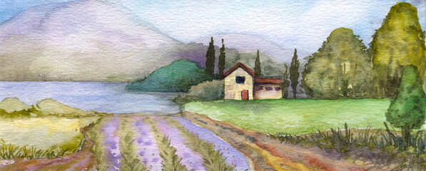 Landscape background, watercolor, simple countryside illustration. Europe, Provence view with mountains and lavender fields