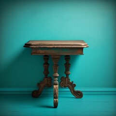 A vintage wooden table against a teal wall, with a plain light blue background