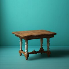 A vintage wooden table against a teal wall, with a plain light blue background