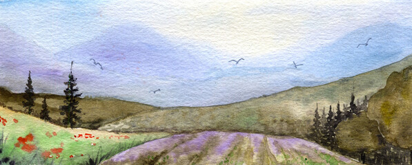 background, brush, cloud, cloudy, coast, countryside, Landscape background, watercolor, simple countryside illustration. Europe, Provence view with mountains and lavender fields.