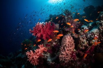 Fototapeta na wymiar Coral reef and tropical fish in sunlight,Generative AI Image.