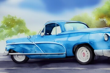 Fototapeta na wymiar watercolor illustration, bubble blue retro car, photo realistic, ultra realistic, highly detailed - generative ai