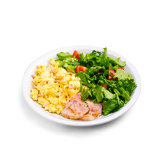 Bacon scrambled with fresh vegetable salad and lettuce. Breakfast in a cafe. Isolated object on a white background.