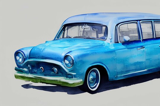 watercolor illustration, bubble blue retro car, photo realistic, ultra realistic, highly detailed - generative ai