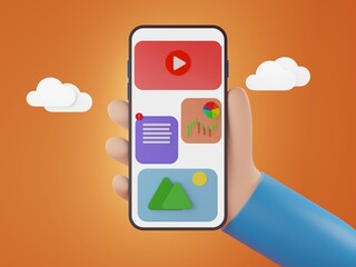 Smartphone in hand cartoon style render