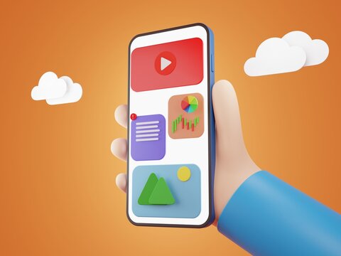 Smartphone in hand cartoon style render