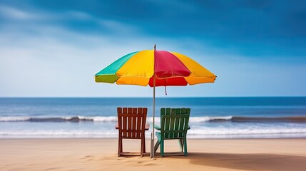 Two empty seats under a multicolored rainbow umbrella stand on a sandy beach against the background of beautiful blue sea. Generative AI