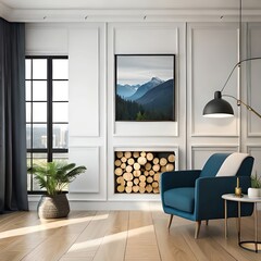 Mockup frame in living room interior, 3d render