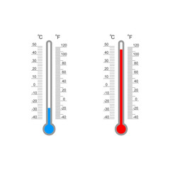 Celsius and Fahrenheit meteorological thermometer degree scales with cold and heat temperature index. Outdoor temperature measuring tools isolated on white background. Vector flat illustration - obrazy, fototapety, plakaty