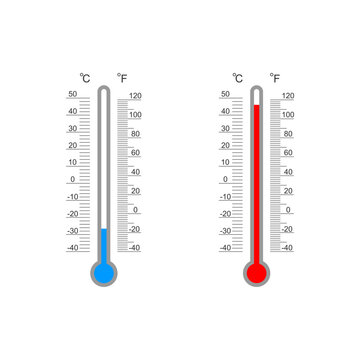 Celsius and Fahrenheit meteorological thermometer degree scales with cold and heat temperature index. Outdoor temperature measuring tools isolated on white background. Vector flat illustration