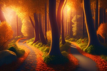winding autumn forest, atmospheric, fallen leaves, volumetric lighting - generative ai