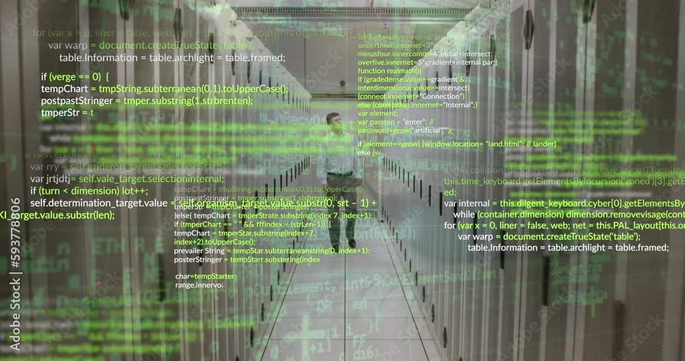 Poster animation of data processing against caucasian male engineer walking at computer server room