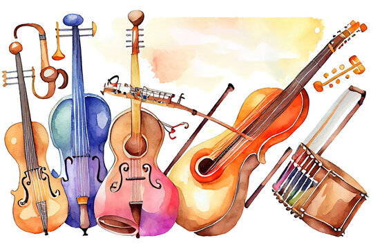 Board of harp, mandolin, accordion and paint stroke watercolor illustration isolated. Generative Ai