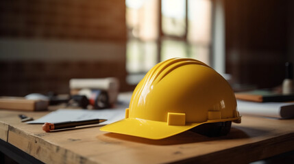 Safety and success, Yellow helmet on construction desk Generative AI