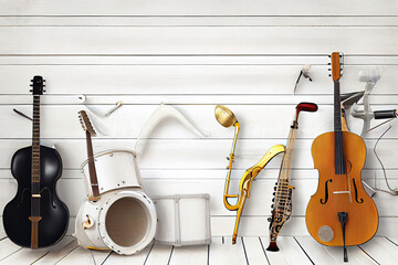 Instruments in white wooden background. Generative Ai - obrazy, fototapety, plakaty