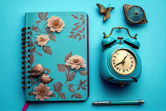 a notebook on a spring parkers and a vintage alarm clock. Generative Ai