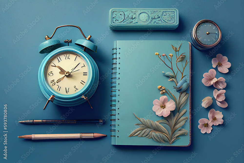 Poster stationery layout on a blue background-a notebook on a spring. generative ai