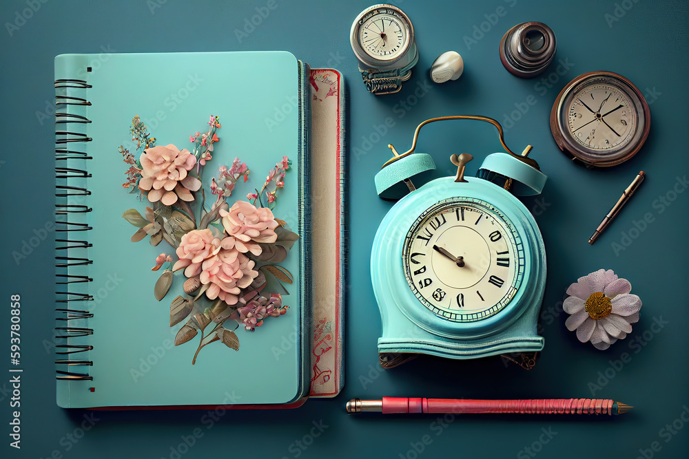 Poster stationery layout on a blue background-a notebook on a spring. generative ai