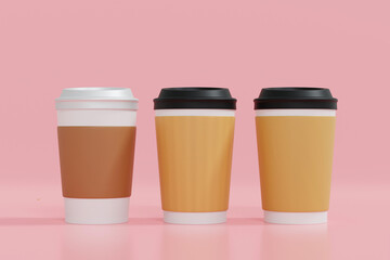 Paper coffee cup with blank labels on sweet pink background, mock up, 3D rendering. - 593780874