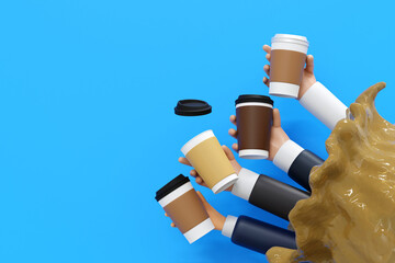 Hand holding paper coffee cup with blank labels over coffee liquid splash, mock up, 3D rendering.