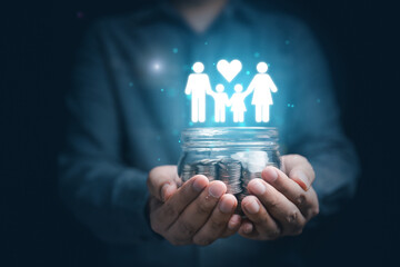 Coin in piggy bank and family icon. Saving and family.