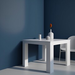 A simple white table against a navy blue wall, with a plain light gray background.