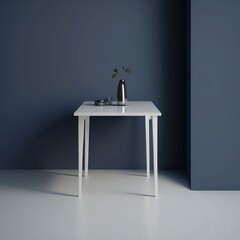 A simple white table against a navy blue wall, with a plain light gray background.