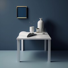 A simple white table against a navy blue wall, with a plain light gray background.