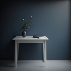 A simple white table against a navy blue wall, with a plain light gray background.