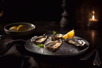 Fresh oysters on a plate with ice and lemon. Serving oysters in a restaurant. Generative AI.