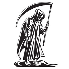Death in a coat with a hand drawn scythe sketch Vector illustration Halloween cartoon