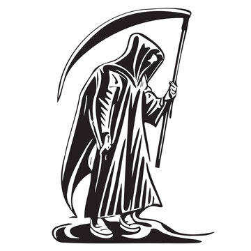 recommend clip art: Death in a coat with a hand drawn scythe sketch Vector illustration Halloween cartoon