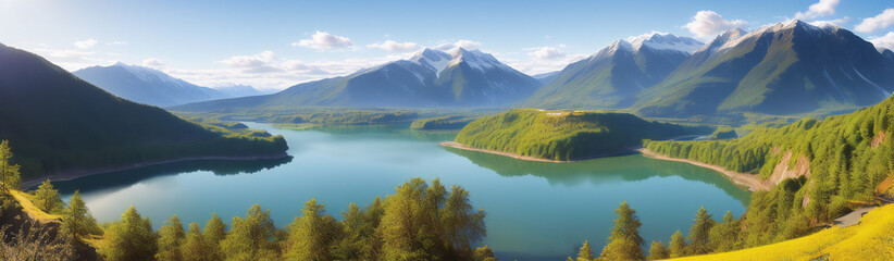 Naklejka na ściany i meble panoramic landscape with lake and mountains. generative ai