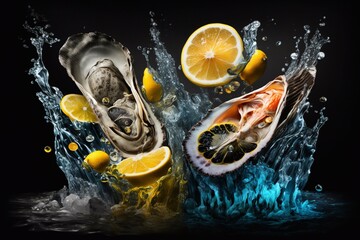 Fototapeta na wymiar Fresh oysters in splash on a plate with ice and lemon. Illustration with oysters. Generative AI.