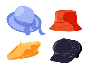 Cartoon hats. Female and male headwear, derby and cowboy, straw hat, cap, panama and cylinder. Summer women vintage