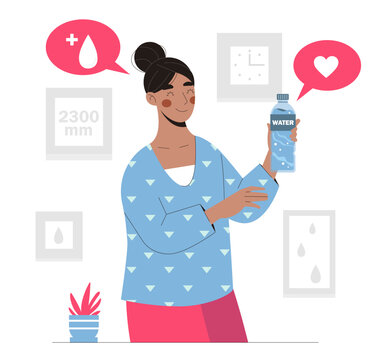 Concept of hydration. Happy woman stands with bottle of water in her hand. Healthy and active lifestyle, thirst control and restoration of water salt balance. Cartoon flat vector illustration