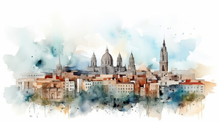 City of Barcelona. The composition is cinematic and illustrated in the style of a detailed watercolor sketch. created with ai - obrazy, fototapety, plakaty