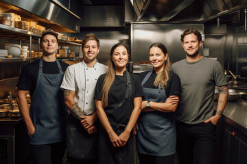 Advertising portrait shot of a cheff team standing together in a restaurant kitchen and they look at the camera. Generative AI.