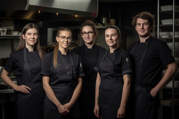Advertising portrait shot of a cheff team standing together in a restaurant kitchen and they look at the camera. Generative AI.