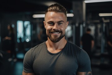 Advertising portrait shot of a personal trainer standing together in a gym and they look at the camera. Generative AI.
